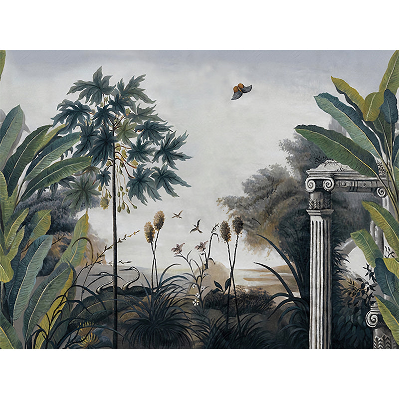 Whole Illustration Tropical Murals with Lakeside Scenery Pattern, Blackish Green