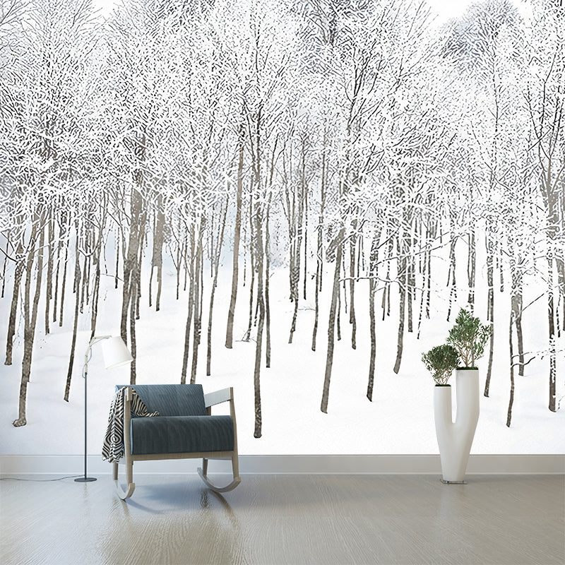 White Winter Rime Forest Mural Moisture-Resistant Wall Decoration for Teens Bedroom