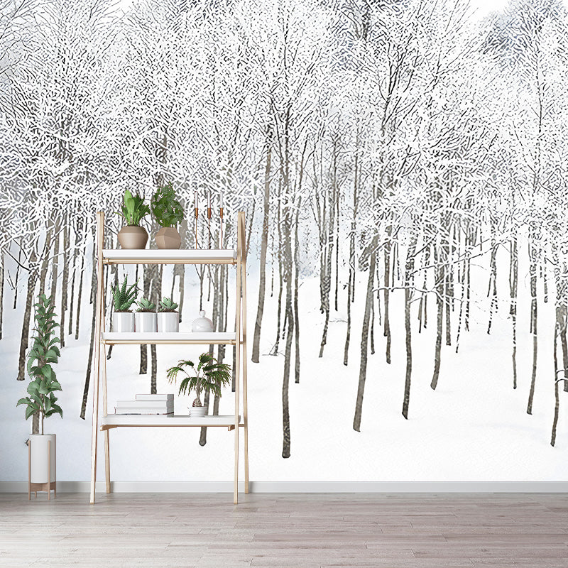 White Winter Rime Forest Mural Moisture-Resistant Wall Decoration for Teens Bedroom