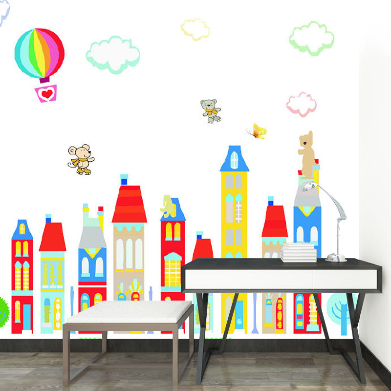 Cartoon-Fantasie-Häuser-Wandbild, pastellfarben, schmutzabweisende Wanddekoration für den Kindergarten
