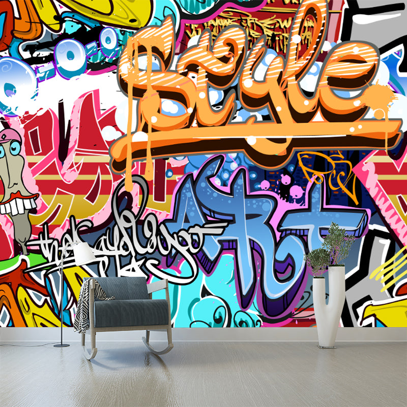 Graffiti Mural Wallpaper Contemporary Stain Resistant Bedroom Wall Decoration, Custom-Made