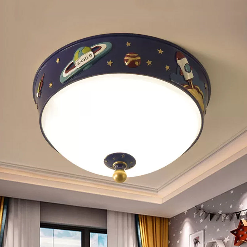 Plafonnier LED en forme de bol en verre blanc, éclairage encastré bleu avec motif d'espace dans une lumière chaude/blanche