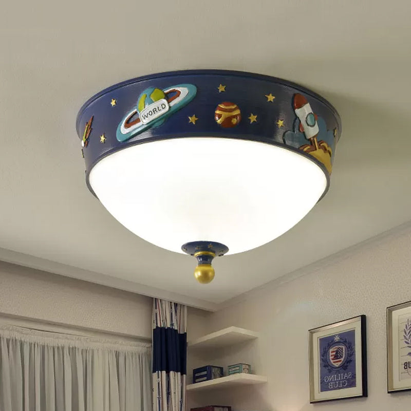 Plafonnier LED en forme de bol en verre blanc, éclairage encastré bleu avec motif d'espace dans une lumière chaude/blanche