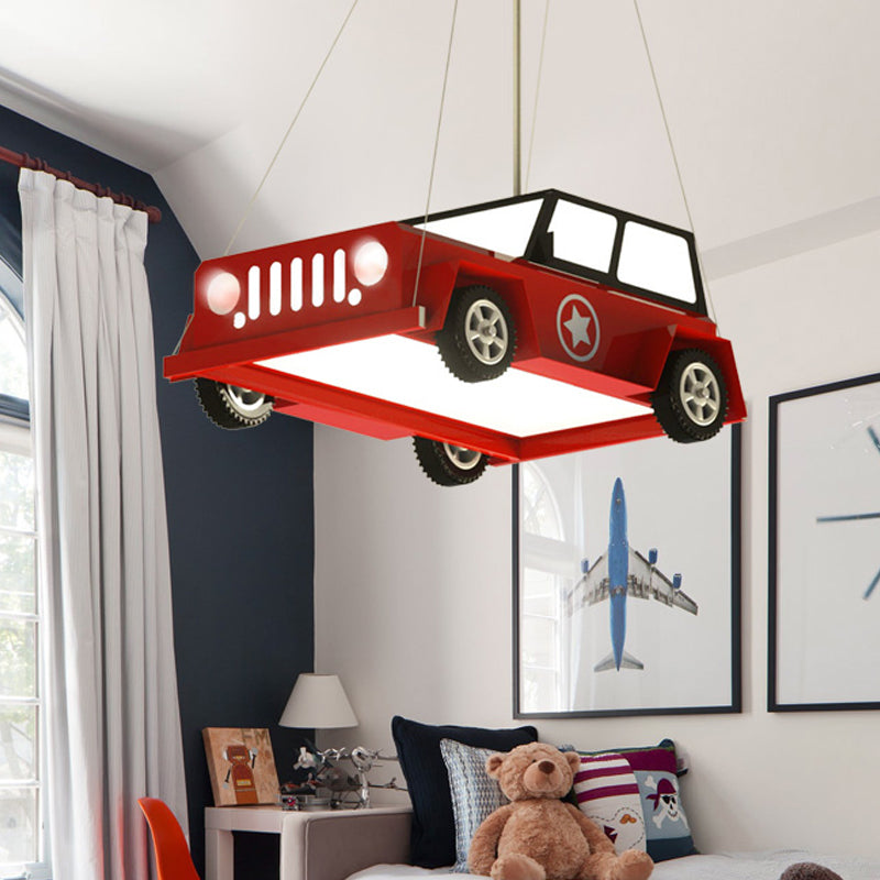 LED Boys Bedroom Ceiling Chandelier Cartoon White Pendant Light with Car Acrylic Shade in Warm/White Light