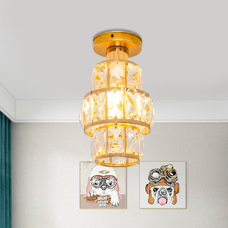 Single Beveled Crystal Inlaid Flush Light Traditional Gold Cylindrical Foyer Semi Flush Mounted Lamp