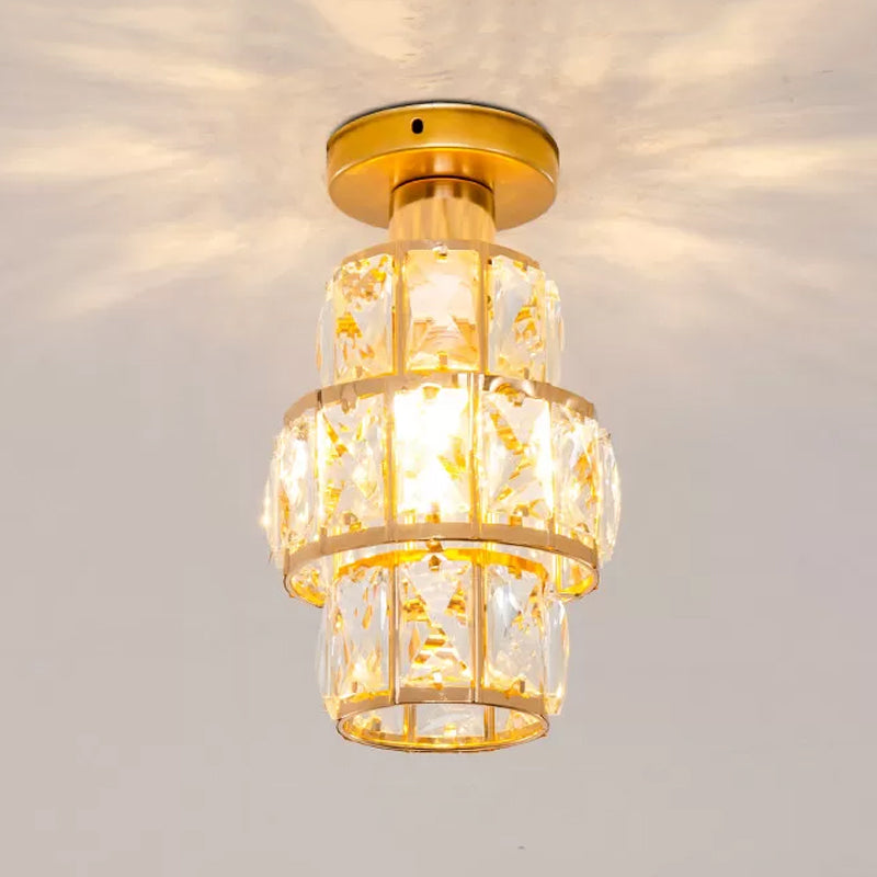 Single Beveled Crystal Inlaid Flush Light Traditional Gold Cylindrical Foyer Semi Flush Mounted Lamp