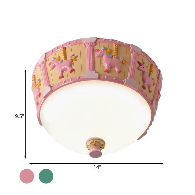 Resina Dome Flush Mount Light Kids Pink / Green LED Flushmount con Carousel Pattern in White / Warm Light