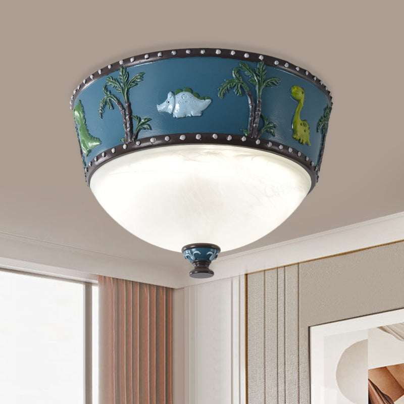Bowl Opal Glass Ceiling Lamp Kids Blue/Yellow LED Flush Mount with Dinosaur and Tree Pattern in White/Warm Light