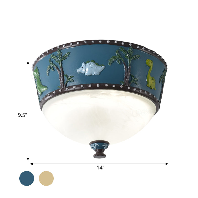 Bowl Opal Glass Ceiling Lamp Kids Blue/Yellow LED Flush Mount with Dinosaur and Tree Pattern in White/Warm Light