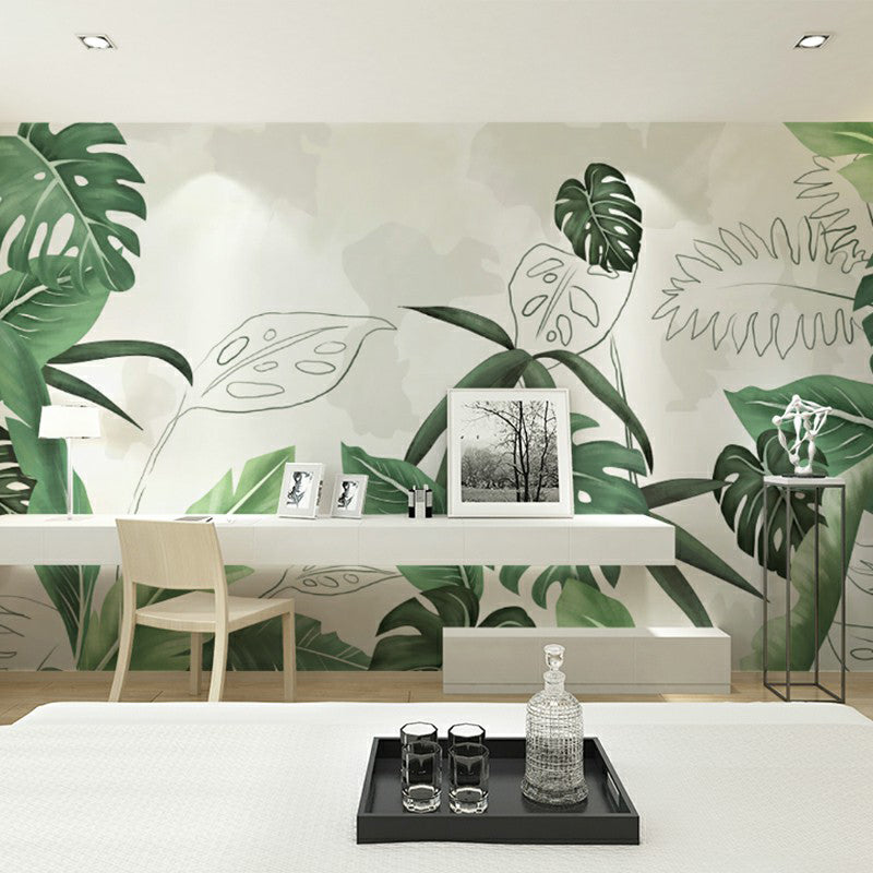 Green Palm Leaf Mural Wallpaper Moisture Resistant Wall Covering fro Living Room