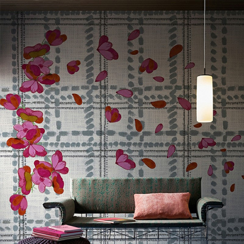 Stain Resistant Wallpaper Mural Modernist Non-Woven Wall Art with Tartan and Scattered Flower Pattern