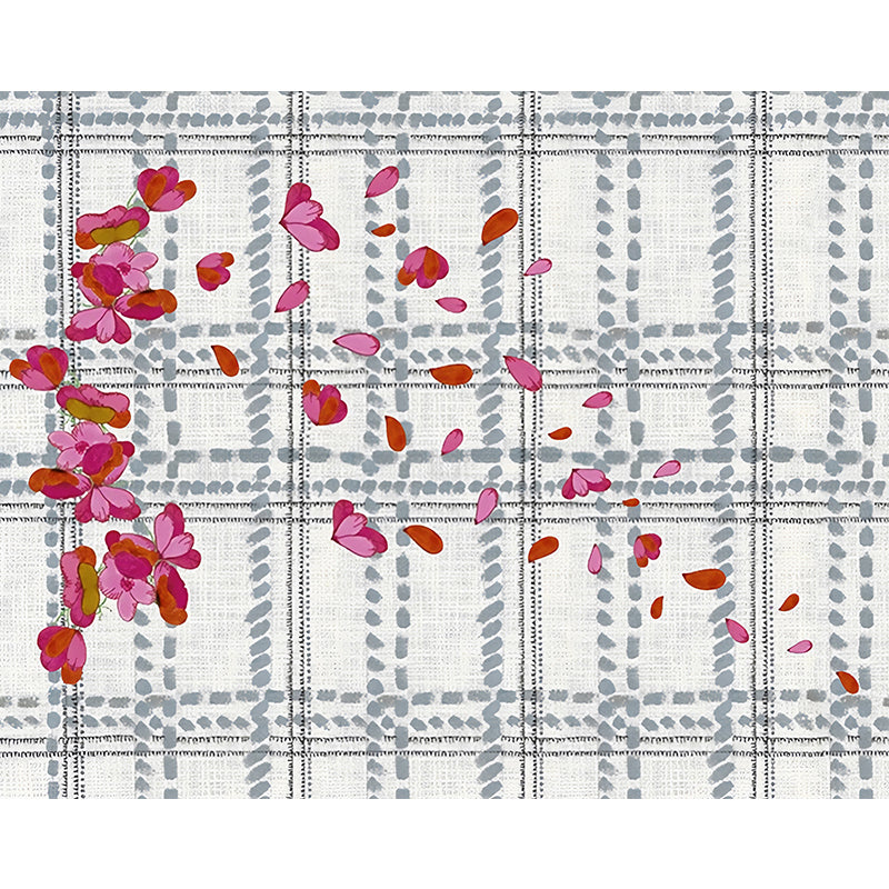 Stain Resistant Wallpaper Mural Modernist Non-Woven Wall Art with Tartan and Scattered Flower Pattern