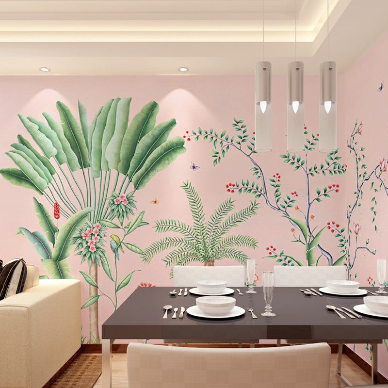 Tropics Plant Wall Murals for Restaurant Personalized Wall Covering in Pink and Green