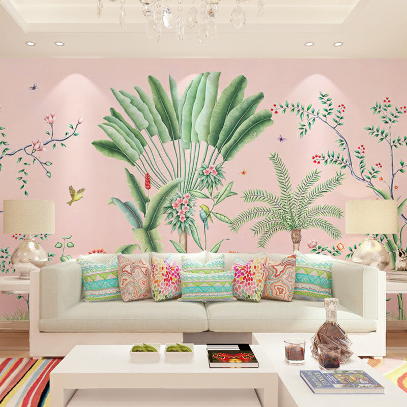Tropics Plant Wall Murals for Restaurant Personalized Wall Covering in Pink and Green