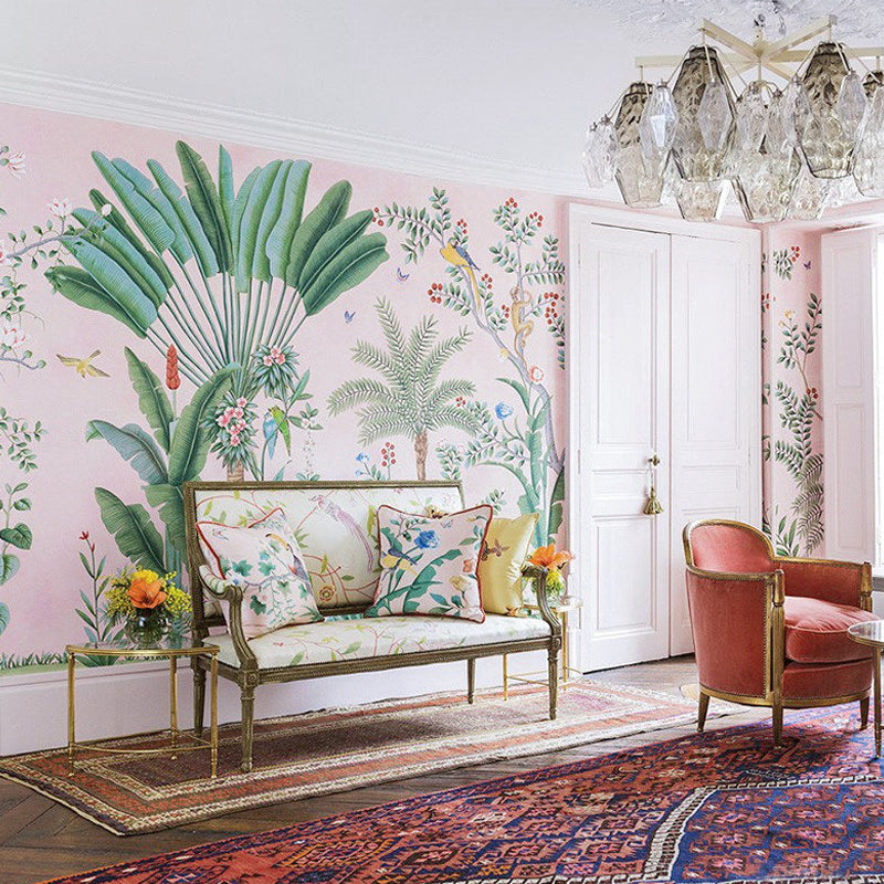 Tropics Plant Wall Murals for Restaurant Personalized Wall Covering in Pink and Green