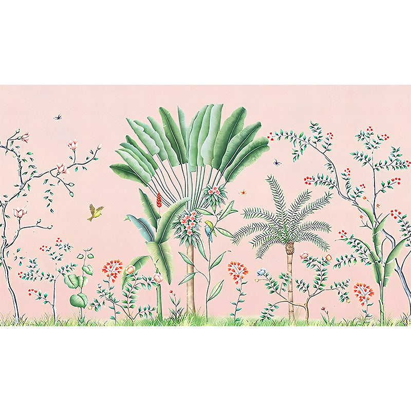 Tropics Plant Wall Murals for Restaurant Personalized Wall Covering in Pink and Green