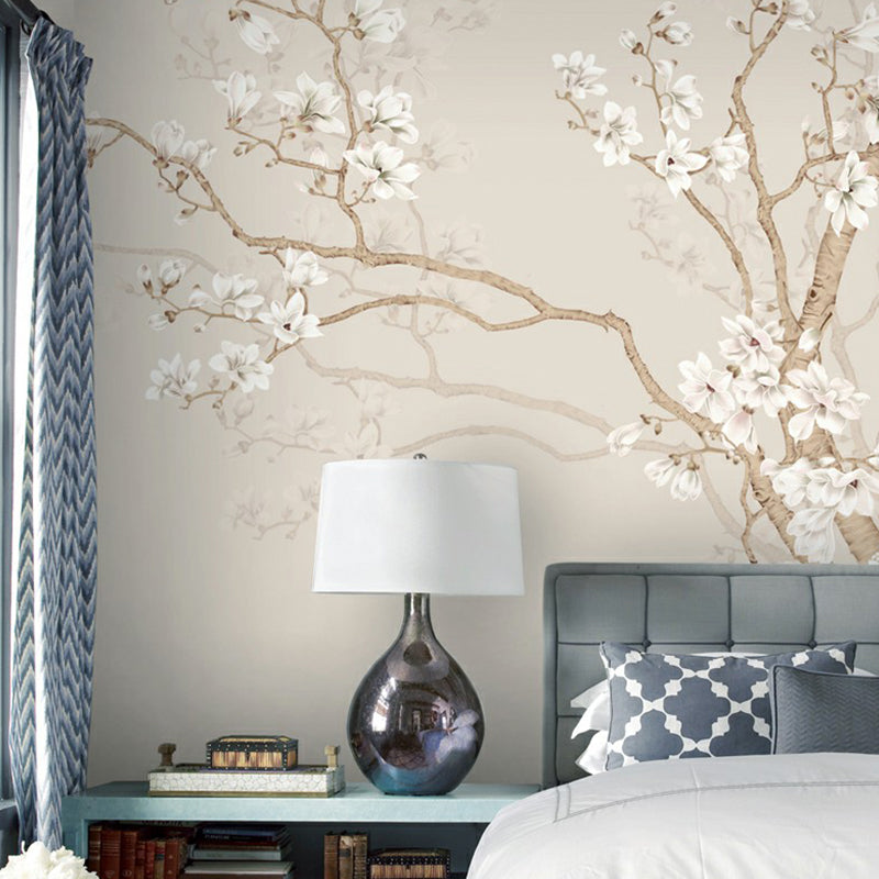 Beige Plum Blossom Wall Mural Flower Rustic Moisture Resistant Wall Decor for Home