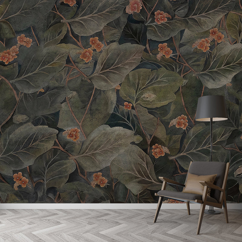 Turquoise Broad Leaf Mural Wallpaper Moisture-Resistant Wall Decor for Living Room