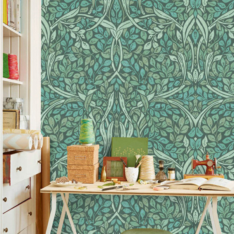 Green Leafy Mural Wallpaper Stain Resistant Tropical Living Room Wall Covering, Non-Woven