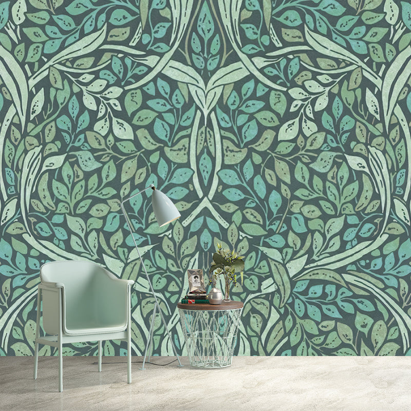 Green Leafy Mural Wallpaper Stain Resistant Tropical Living Room Wall Covering, Non-Woven