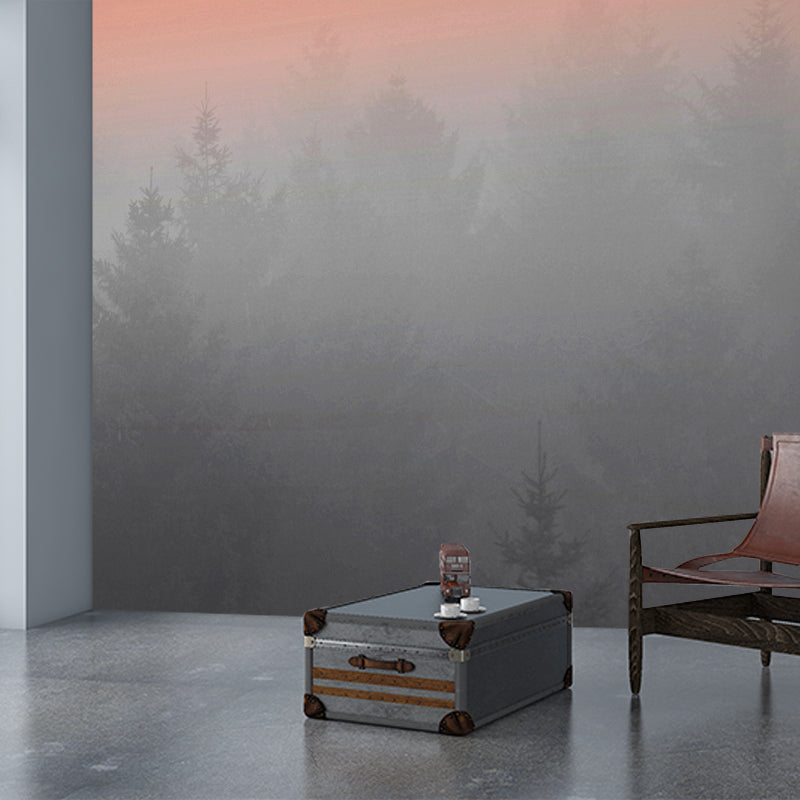 Misty Forest Morning Murals Grey and Orange Contemporary Wall Art for Home Decor