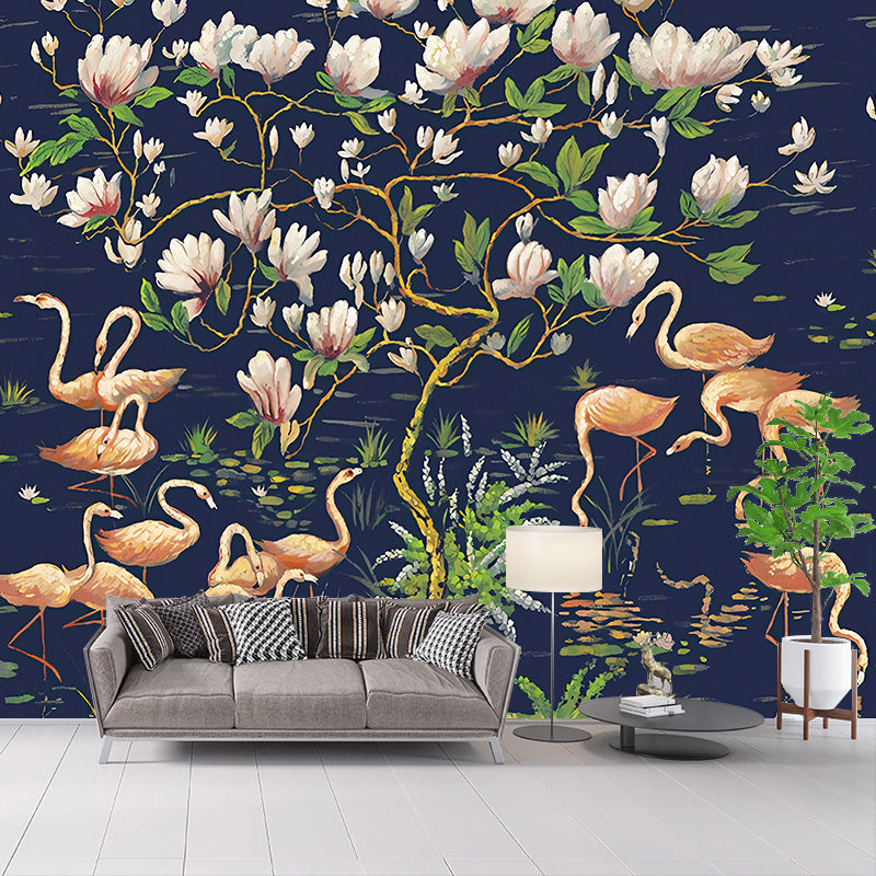 Large Tropix Wall Murals in Dark Color Flamingo and Lotus Pond Pattern Wall Covering, Optional Size