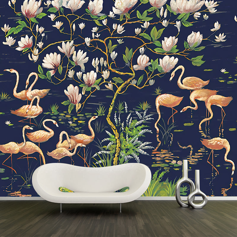 Large Tropix Wall Murals in Dark Color Flamingo and Lotus Pond Pattern Wall Covering, Optional Size