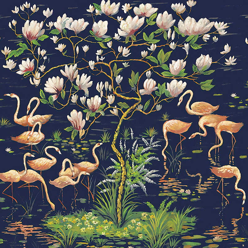 Large Tropix Wall Murals in Dark Color Flamingo and Lotus Pond Pattern Wall Covering, Optional Size