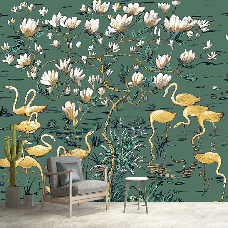 Large Tropix Wall Murals in Dark Color Flamingo and Lotus Pond Pattern Wall Covering, Optional Size