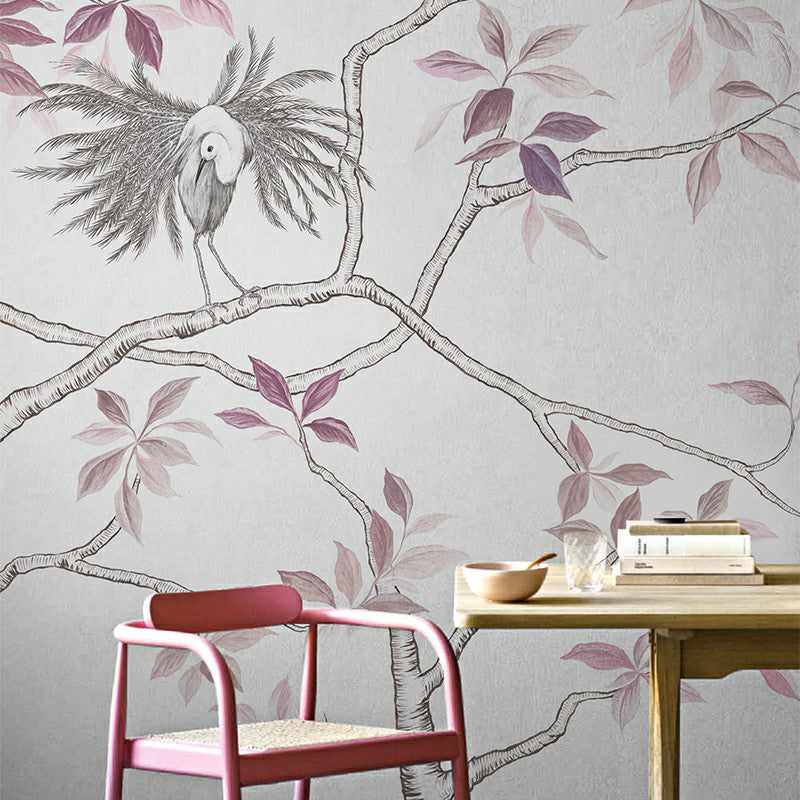 Waterproof Peacock and Tree Murals Asian Non-Woven Fabric Wall Art, Made to Measure