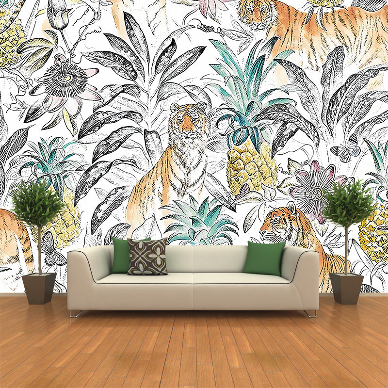 Tropical Tigers and Plant Mural for Home Decor Customized Wall Covering in White