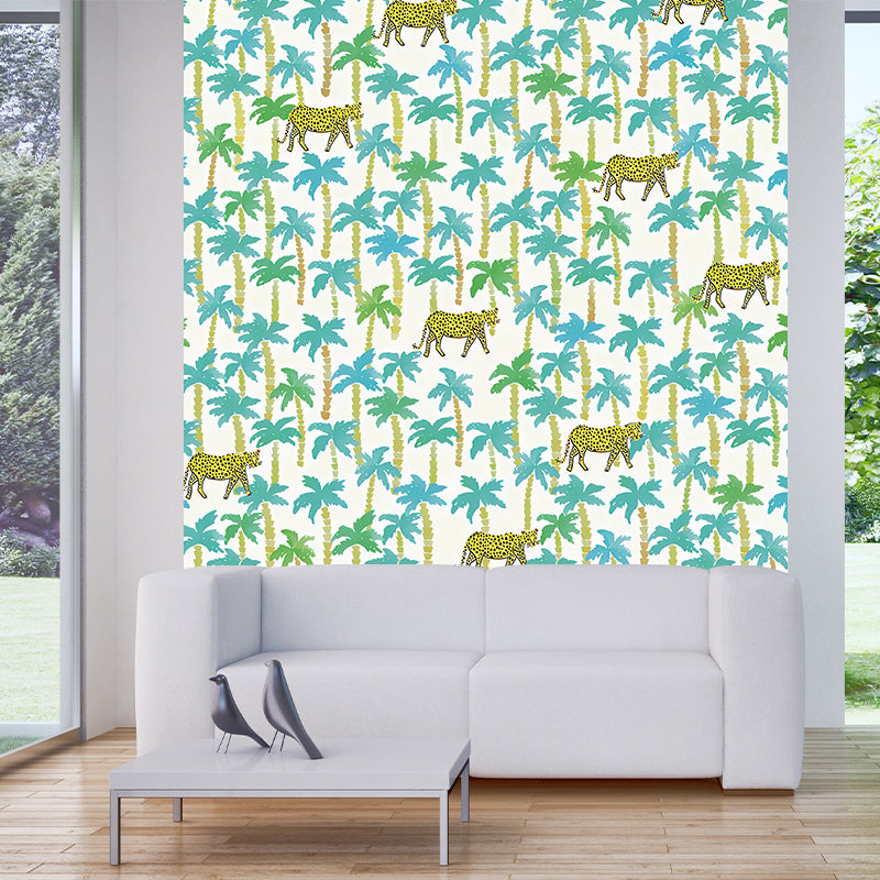 Yellow-Blue Tropical Mural Wallpaper Large Jungle Leopard Printed Wall Decor for Home