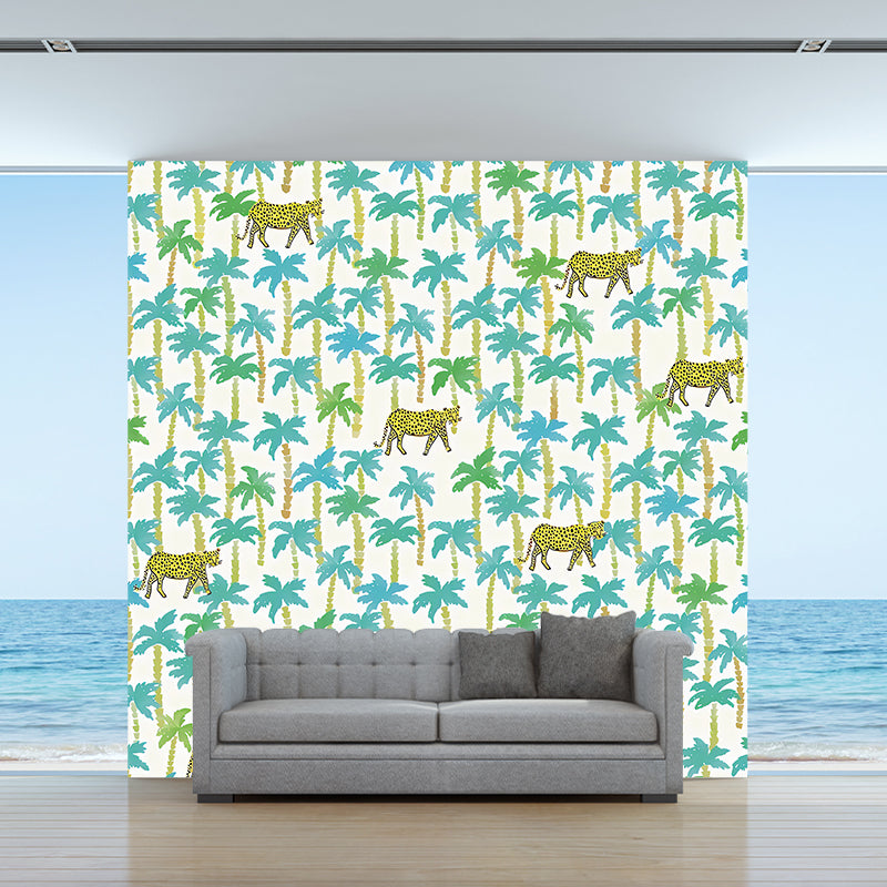 Yellow-Blue Tropical Mural Wallpaper Large Jungle Leopard Printed Wall Decor for Home