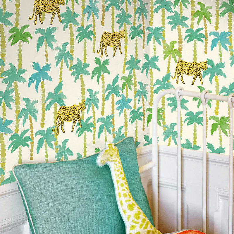 Yellow-Blue Tropical Mural Wallpaper Large Jungle Leopard Printed Wall Decor for Home