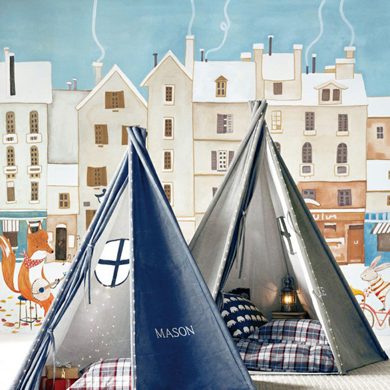 Sky Blue Childrens Art Murals Whole Animal Concert Print Wall Covering for Kids Room