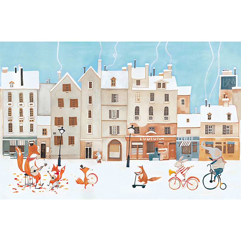 Sky Blue Childrens Art Murals Whole Animal Concert Print Wall Covering for Kids Room