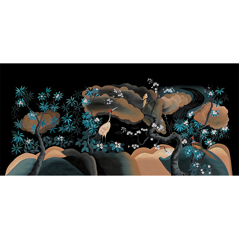 Asia Red-Crown Crane Mural for Accent Wall Personalized Wall Covering in Black-Green