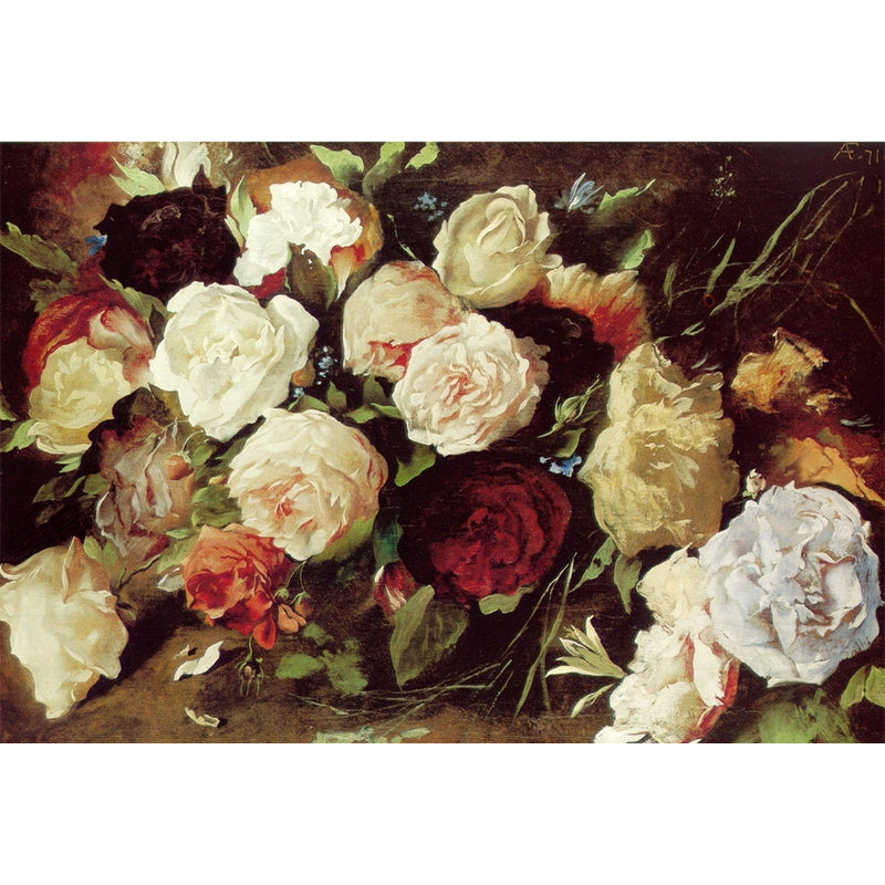 Flower Peonies Wall Covering Mural Classic Non-Woven Wall Covering in White and Green