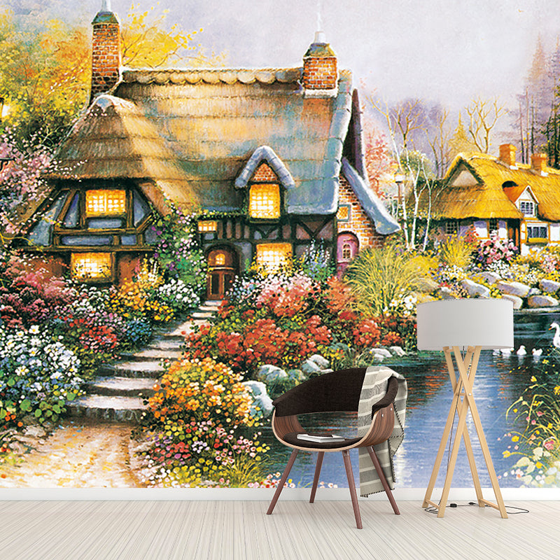 Cottage in Flower Field Mural Decal Brown-Green-Yellow Countryside Wall Art for Bedroom