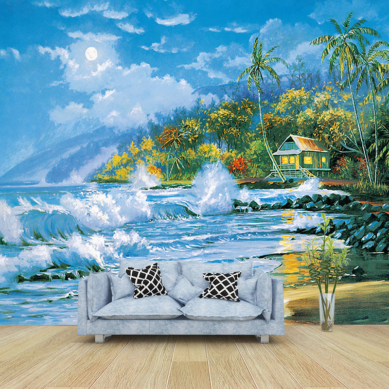 Aqua Sea Shore House Murals Stain Resistant Classic Bedroom Wall Decoration, Non-Woven