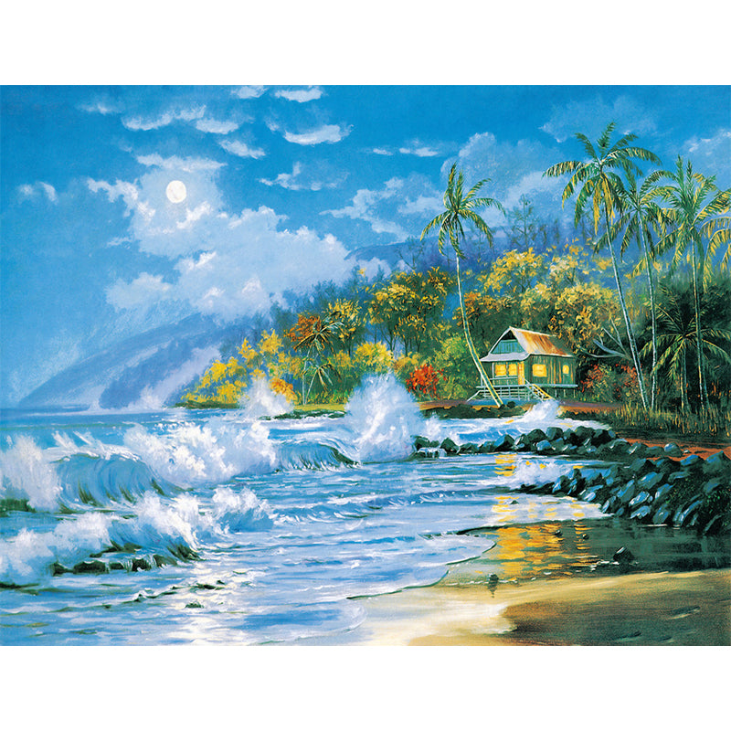 Aqua Sea Shore House Murals Stain Resistant Classic Bedroom Wall Decoration, Non-Woven