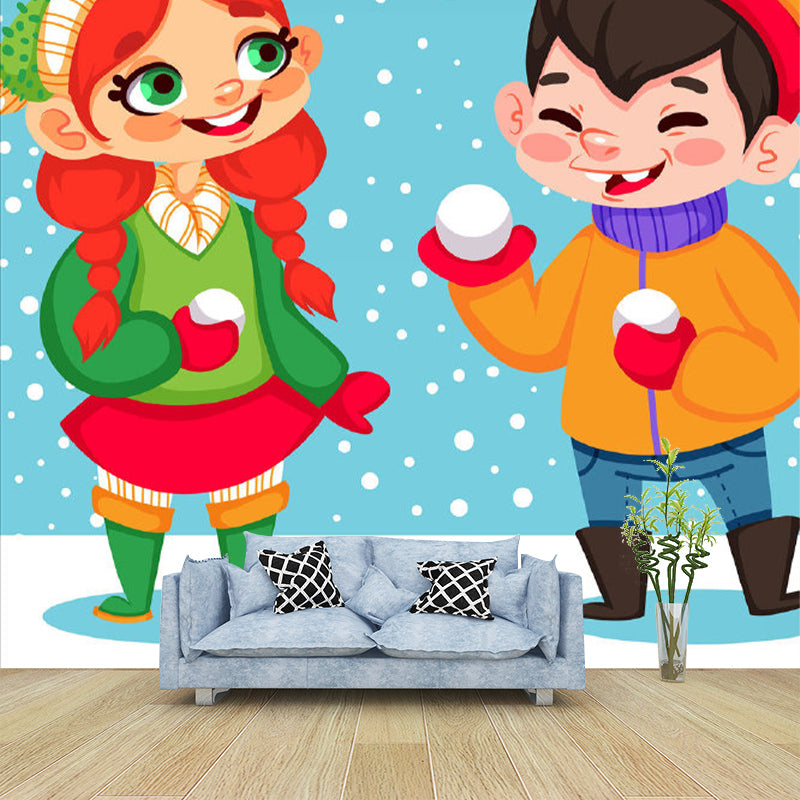 Cartoon Childrens Wall Murals with Kids Playing Snow Pattern Red-Yellow-Blue-Green Wall Art