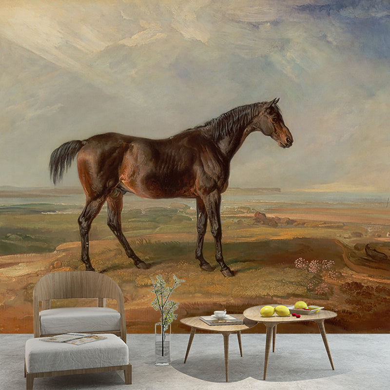 Brown Steed Mural Wallpaper Stain-Proof Classical Office Wall Decoration, Non-Woven