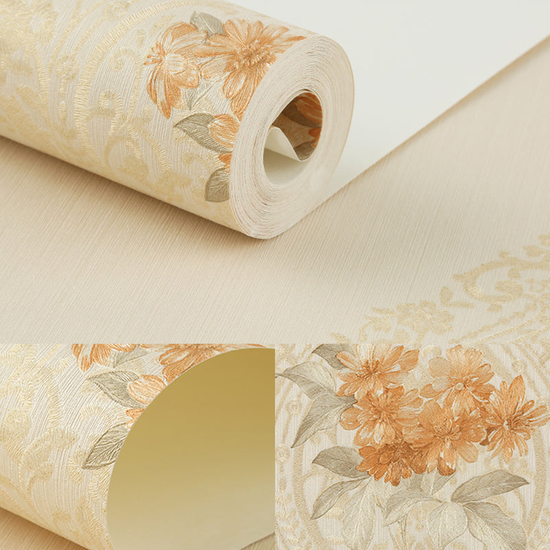 Apricot Flower Wallpaper Roll Country Style 3D Embossed Wall Covering in Soft Color