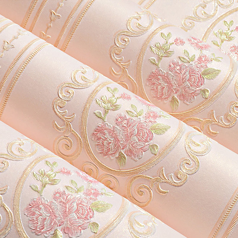 Unpasted Wallpaper Roll Rustic Non-Woven Wall Decor with Stripe and Peony Pattern, 57.1-sq ft