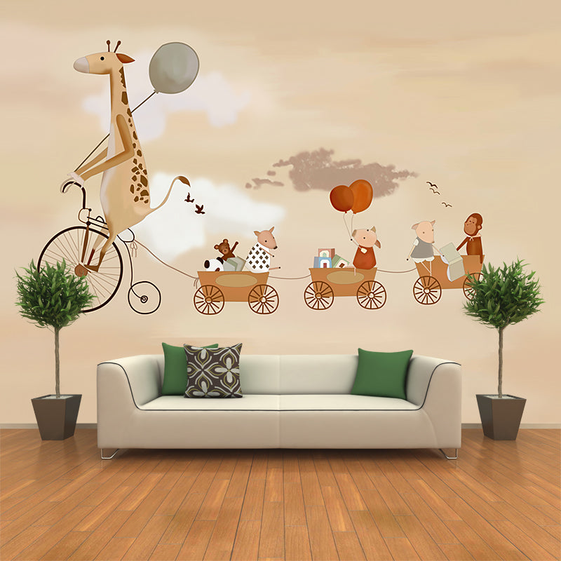 Illustration Animals with Bike Murals Wallpaper for Accent Wall, Brown, Personalised Size
