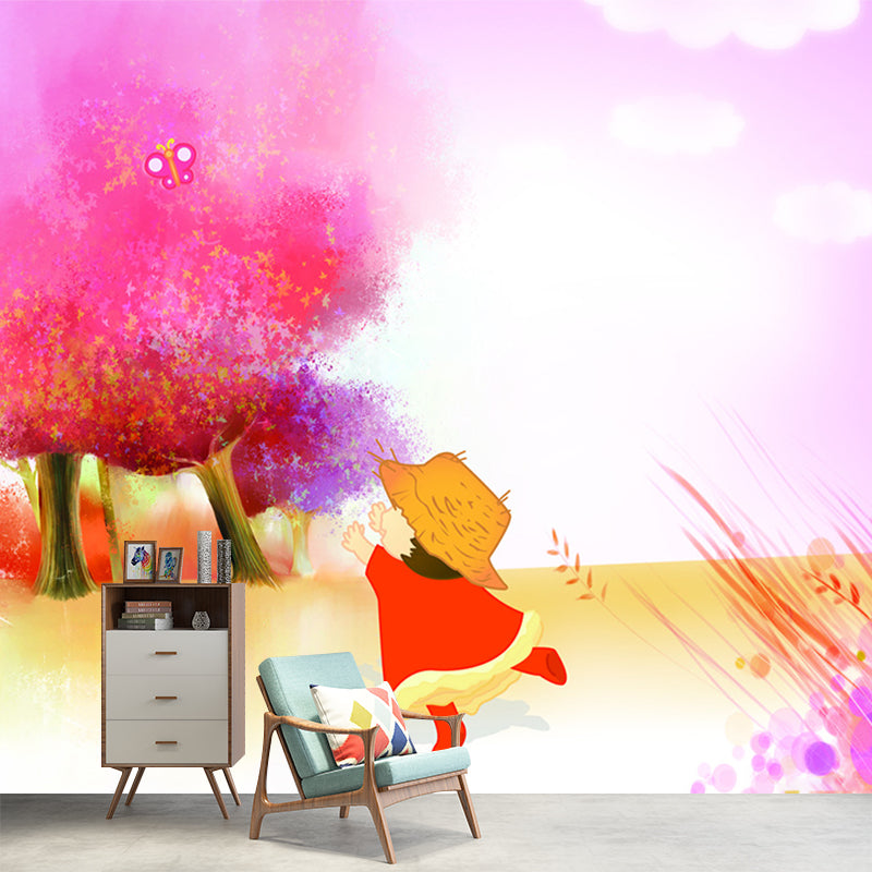 Stain Resistant Wall Paper Murals Cartoon Little Kids and Tree Wall Art, Personalised Size