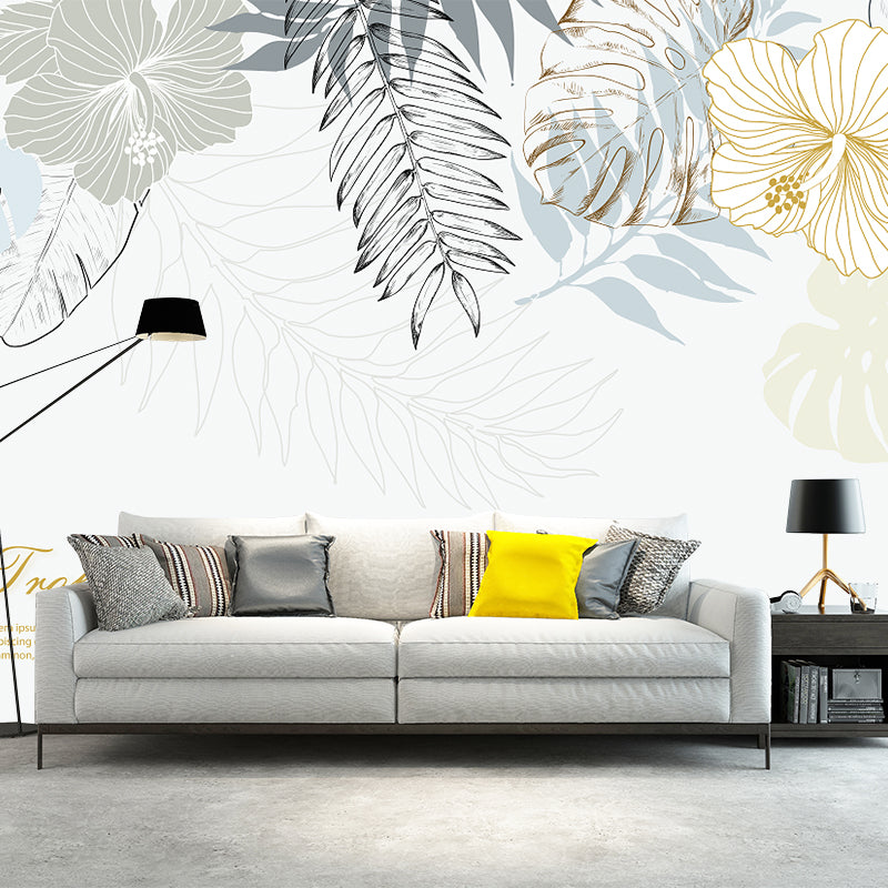 Tropix Watercolor Leaf Mural Wallpaper Grey-White Stain Resistant Wall Art for Home