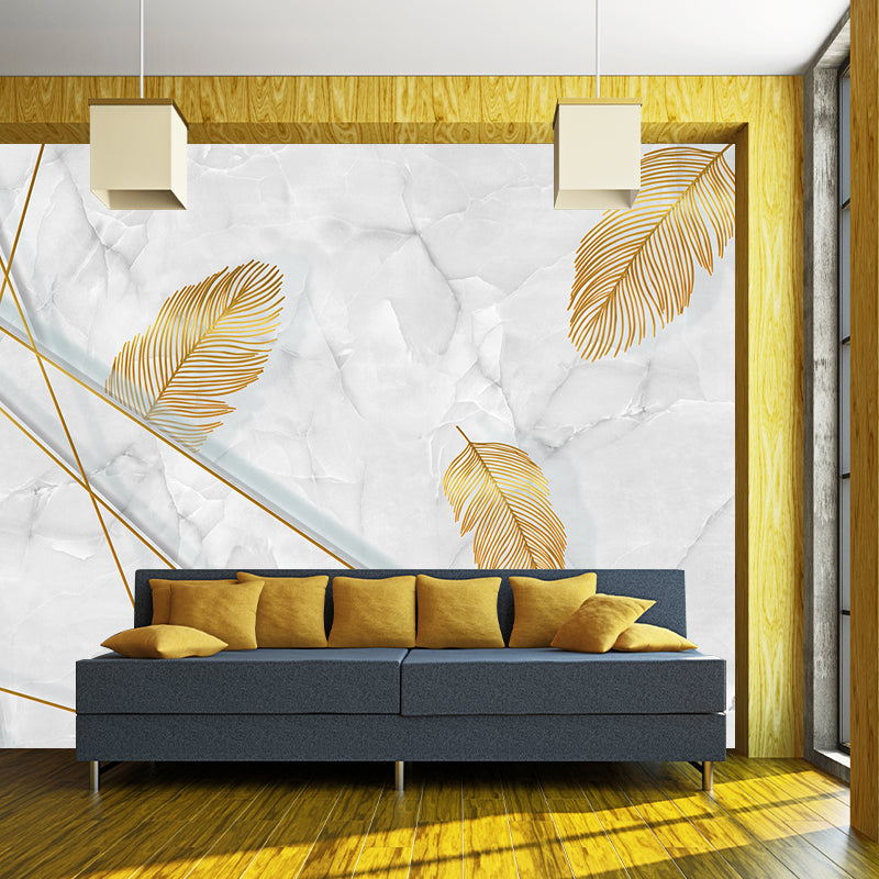 Feather and Marble Wallpaper Mural Grey-Yellow Modern Style Wall Decor for Living Room