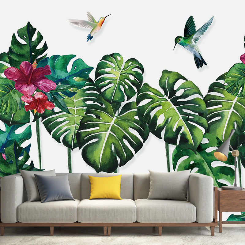 Tropical Monstera Plant Leaf Murals Purple-Green Stain Resistant Wall Art for Home